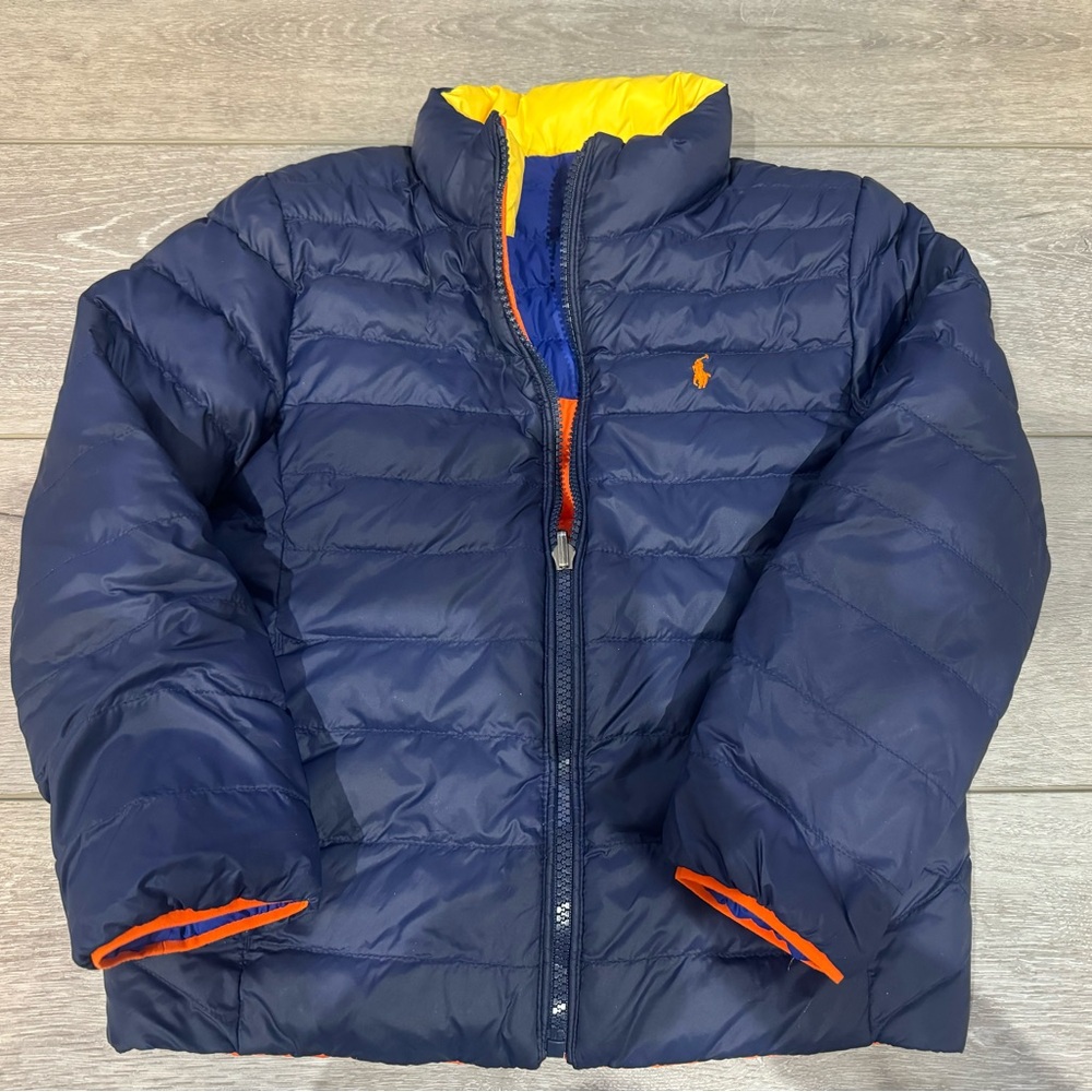 Ralph Lauren Kids Puffer Jacket - Navy with Yellow and Orange Accents Reversible